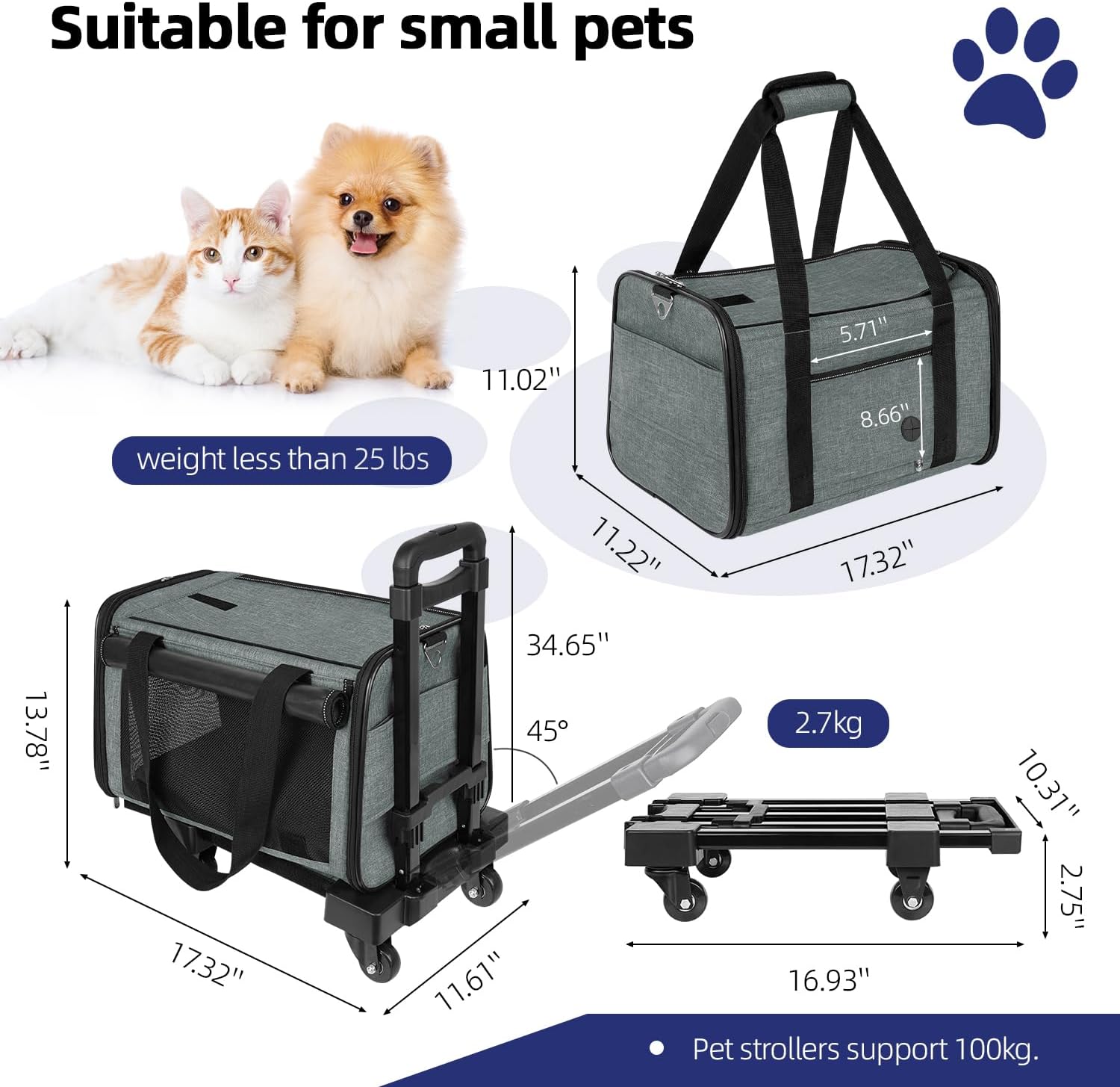 YUDODO 25lbs Large Cat Carrier with Wheels Lightproof Airline Approved Dog Carrier for Small Dog Detachable Rolling Pet Carrier for Traveling Groomers Vet Visits(Gray-Green)